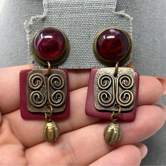 Boho Red Swirl Stud Dangle Earrings with Bronze Swirl Knotted Design Unique - Picture 2 of 8